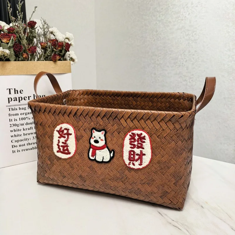 Kosz do przechowywania Kosz na ubrania Influencer Imitacja rattanu Tkany uchwyt PU Wiadro na pranie Kosz na przekąski Zabawki Brudne ubrania