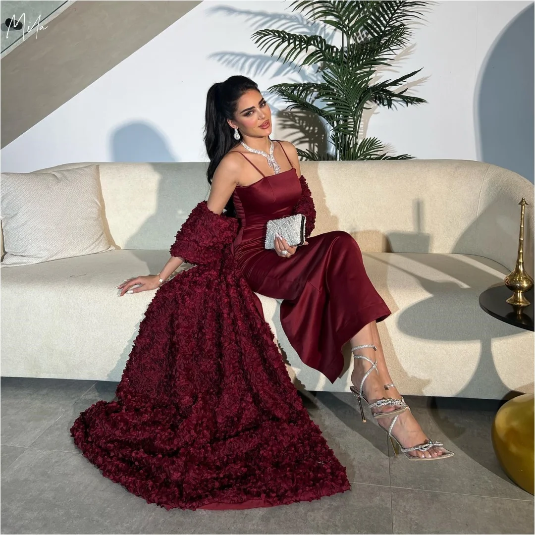

Mila Burgundy/Navy Satin Spaghetti Strap Gown Prom Dresses 3D Flower Cape Train Customized Formal Evening vestidos de gala 2025