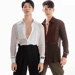 2024 New Mesh Long Sleeved Shirts Latin Dance Tops For Men Adult Ballroom Chacha Rumba Tango Latin Dance Practice Wear DQS18094