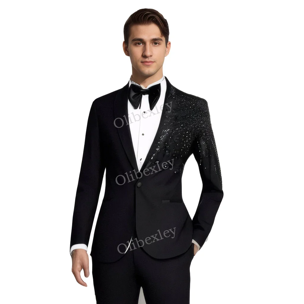 Olibexley Herren-Anzug, hochwertig, 2-teilig, Schmuckdekoration, ein Knopf, schmale Passform, formelle Party-Abschlussball-Anzüge für Hochzeit, Bräutigam
