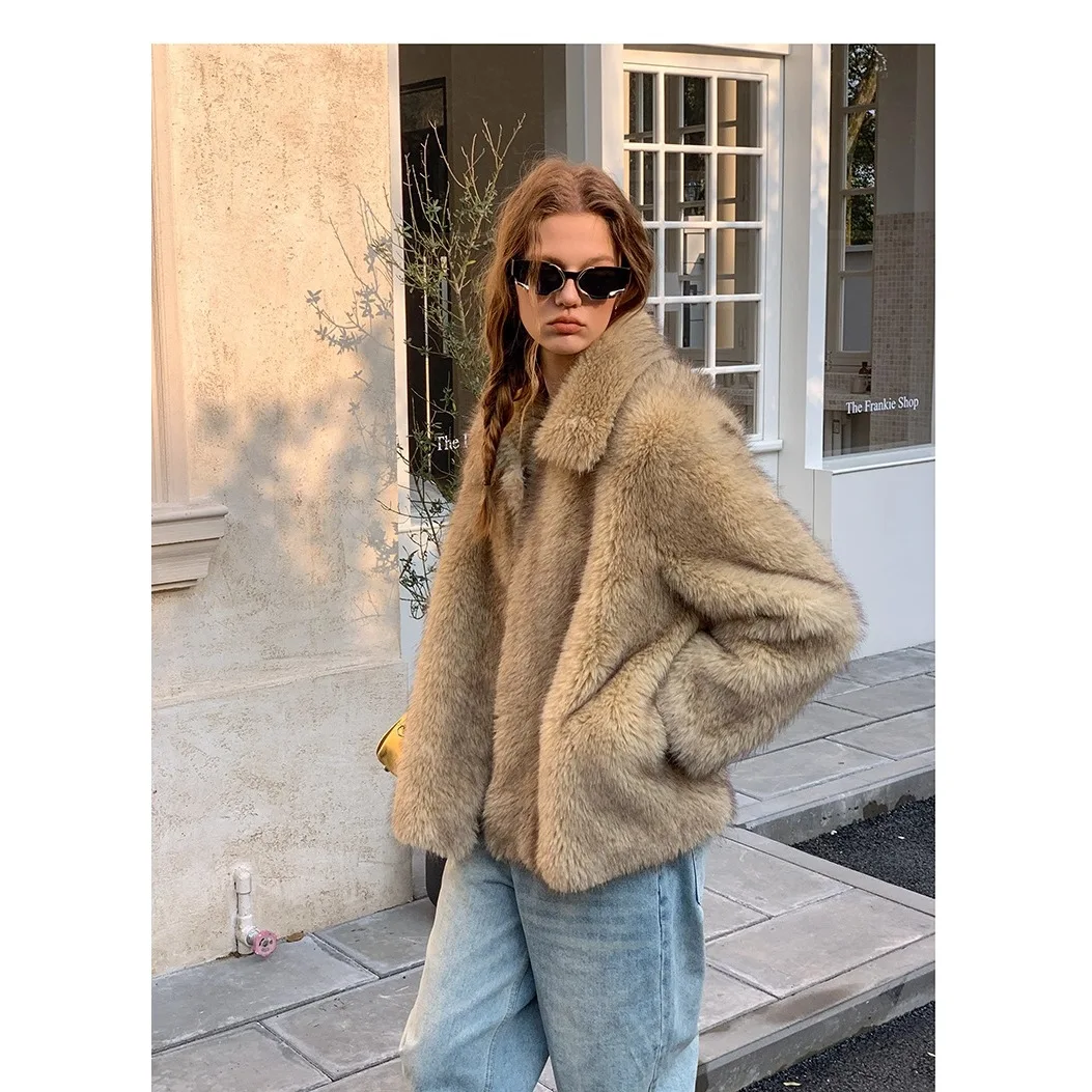 

Versatile Women's Winter Eco Fur Jacket Lapel Collar Pockets Plush Mink Fur Outwear For Lady Stylish Casual Female Faux Fur Coat
