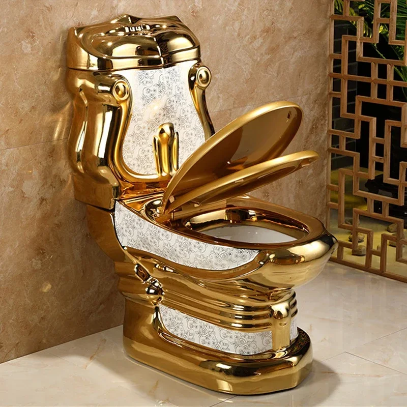 

Luxury design ceramic gold toilet set bathroom two pieces sanitary ware gold color toilet washdown siphonic dual gold toilet