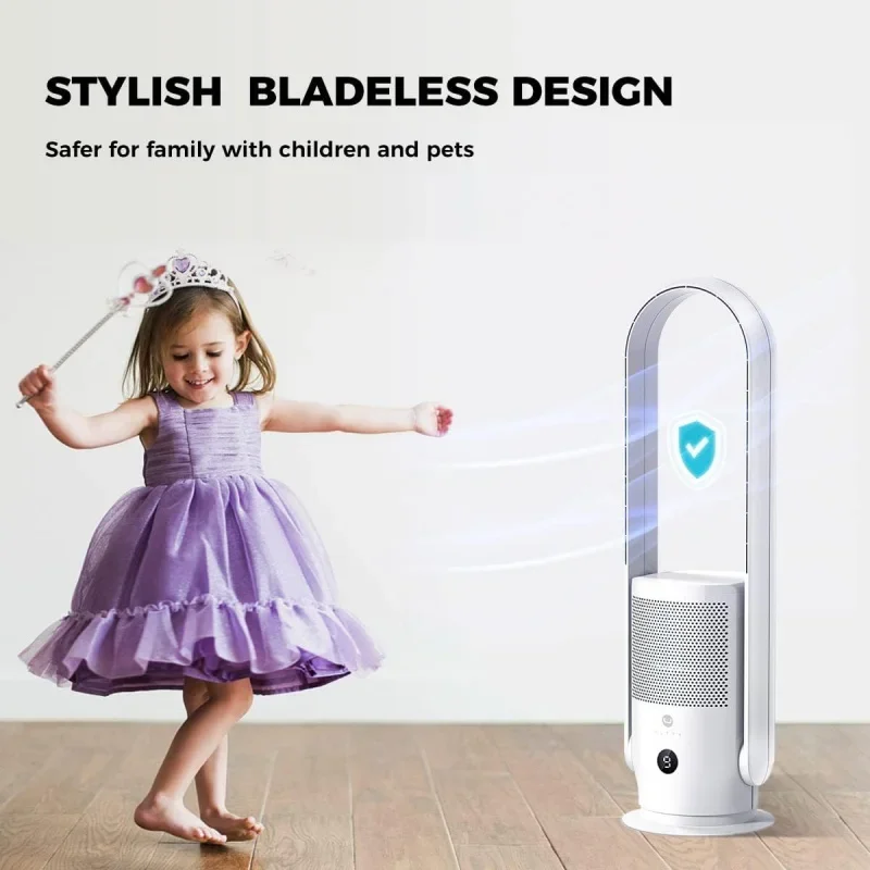 QWU ULTTY Bladeless Tower Fan and Air Purifier in one,True HEPA Filter 99.97% Smoke Dust Pollen Dander,Oscillating Tower Fan wit