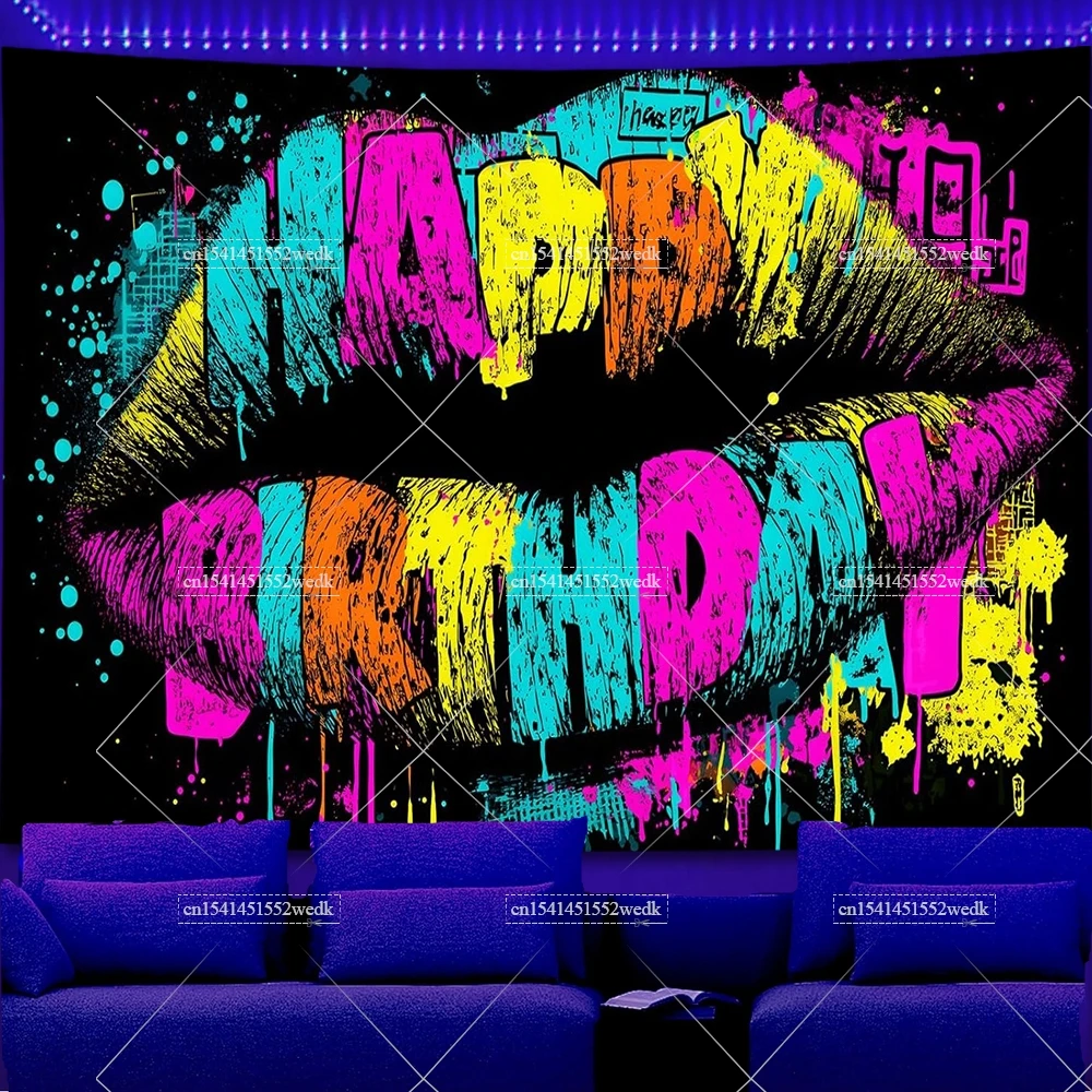 Blacklight Tapestry Happy Birthday Glow In The Dark UV Reactive Graffiti Black Light Tapestrys Aesthetic Fluorescent Tapestries
