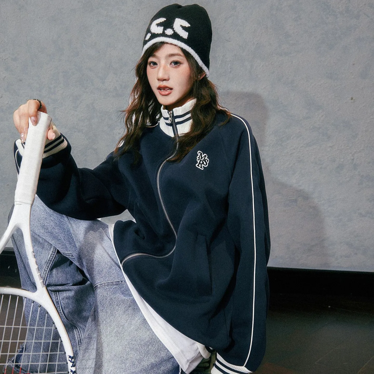 Grey Stand Collar Baseball Jacket for Women & Men Retro Sweatshirt Style Casual Lazy Outerwear