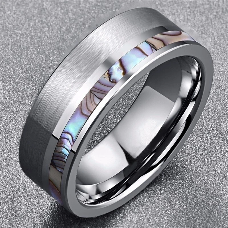 8mm Fashion Men Rings Classic Abalone Shell Pattern Stainless Steel Ring Engagement Wedding Ring For Men Jewelry Accessories