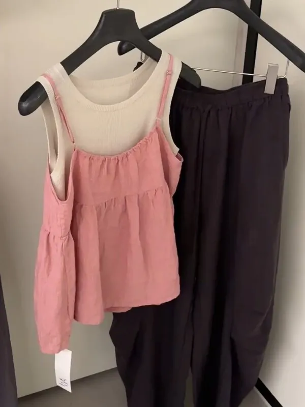 

Korean Sweet Color Block Strap Vest Two-Piece Set Women's Summer New Simple Slimming Layering Design Sense Set Casual Fashion