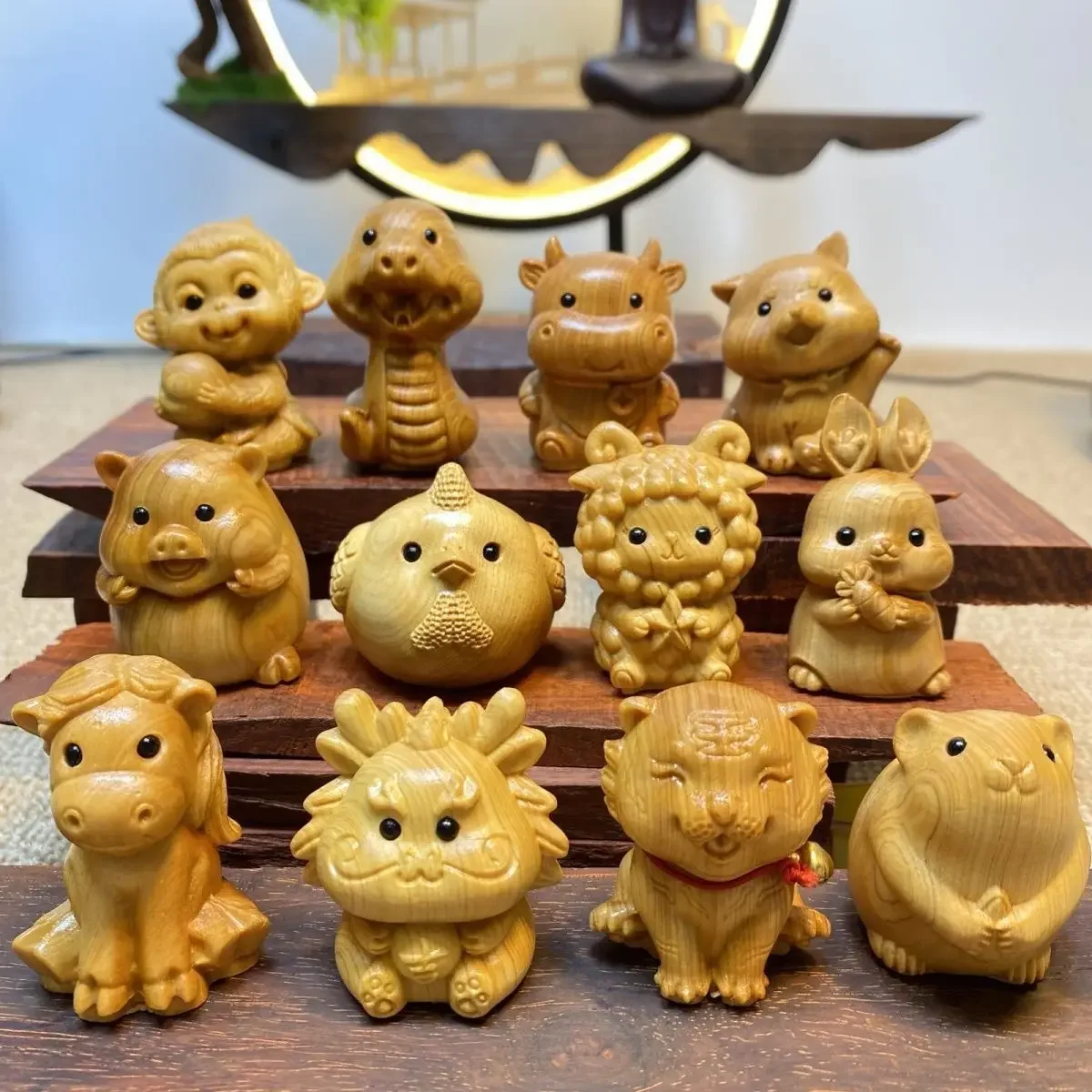 Thuja Wood Carving Twelve Zodiac Complete Set of Rat Ox Tiger Rabbit Dragon Snake Horse Sheep Dog Pig Car Ornaments Handlehold