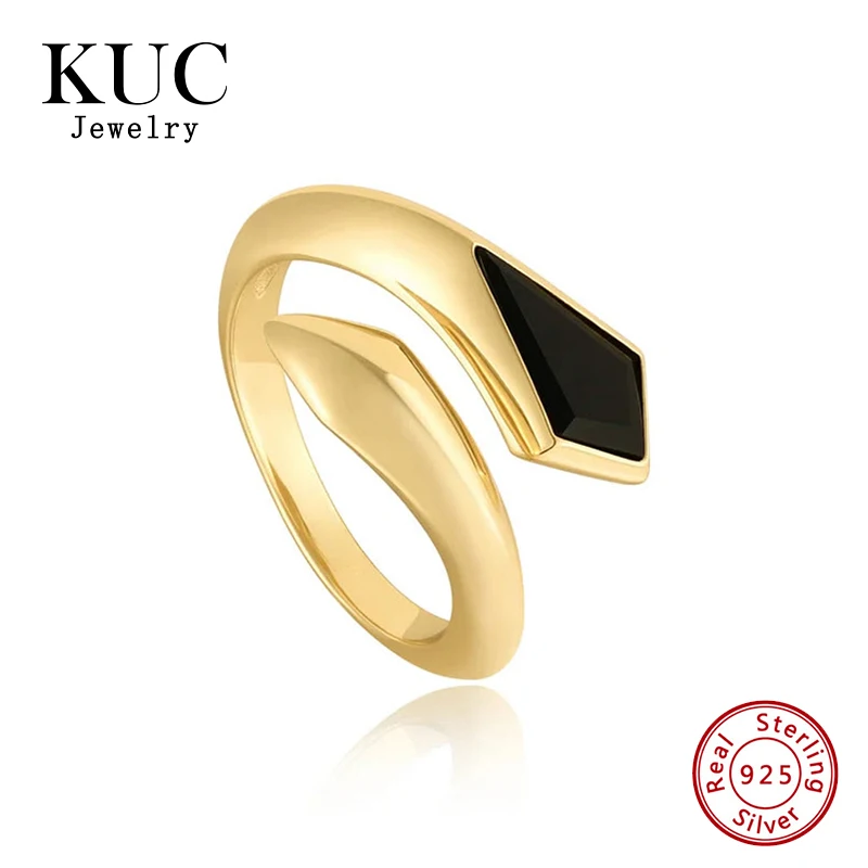 

Hot Sales Stylish Fine Jewelry Plata 925 Sterling Silver Trendy 18k Gold Plated Rhombus Black Zircon Opening Rings for Women