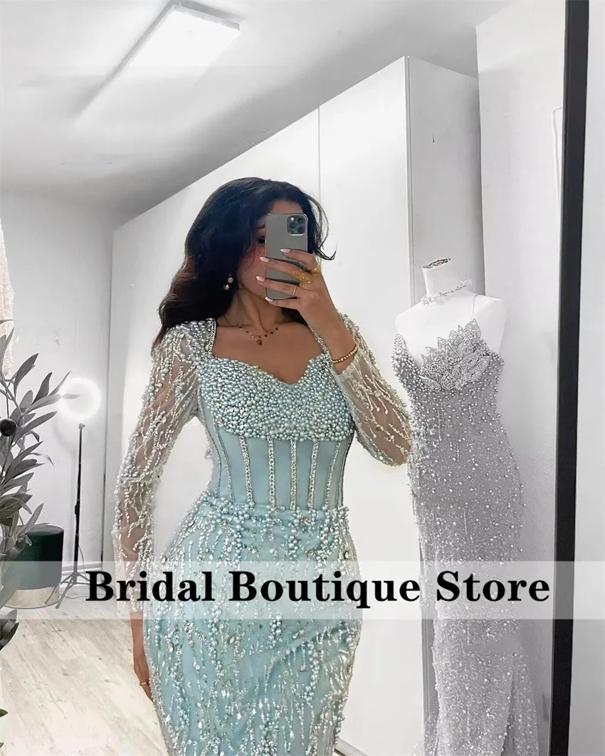 Shining Blue ดูไบชุดราตรี 2025 ประดับด้วยลูกปัดคริสตัลงานแต่งงานชุดสําหรับโอกาสพิเศษ Vestidos ที่กําหนดเอง