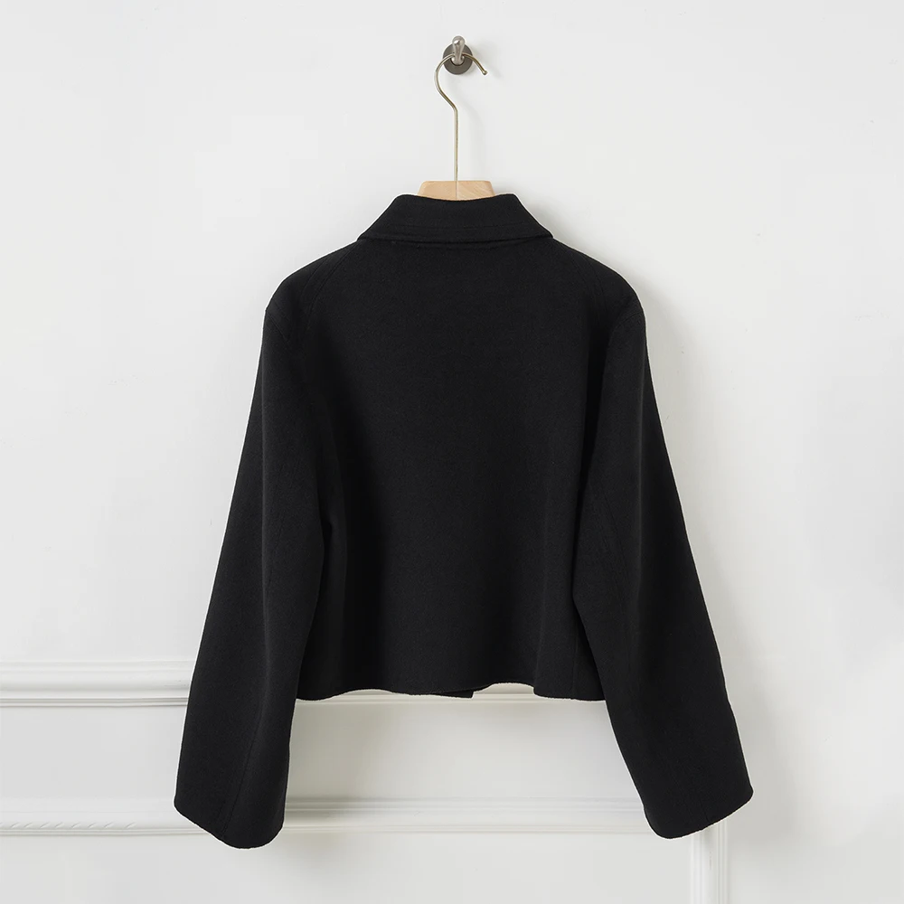 Women 100% Wool Cropped Jacket Notched Lapel Collar Hidden Button Long Sleeve Solid Black Minimalist Short Wool Coat