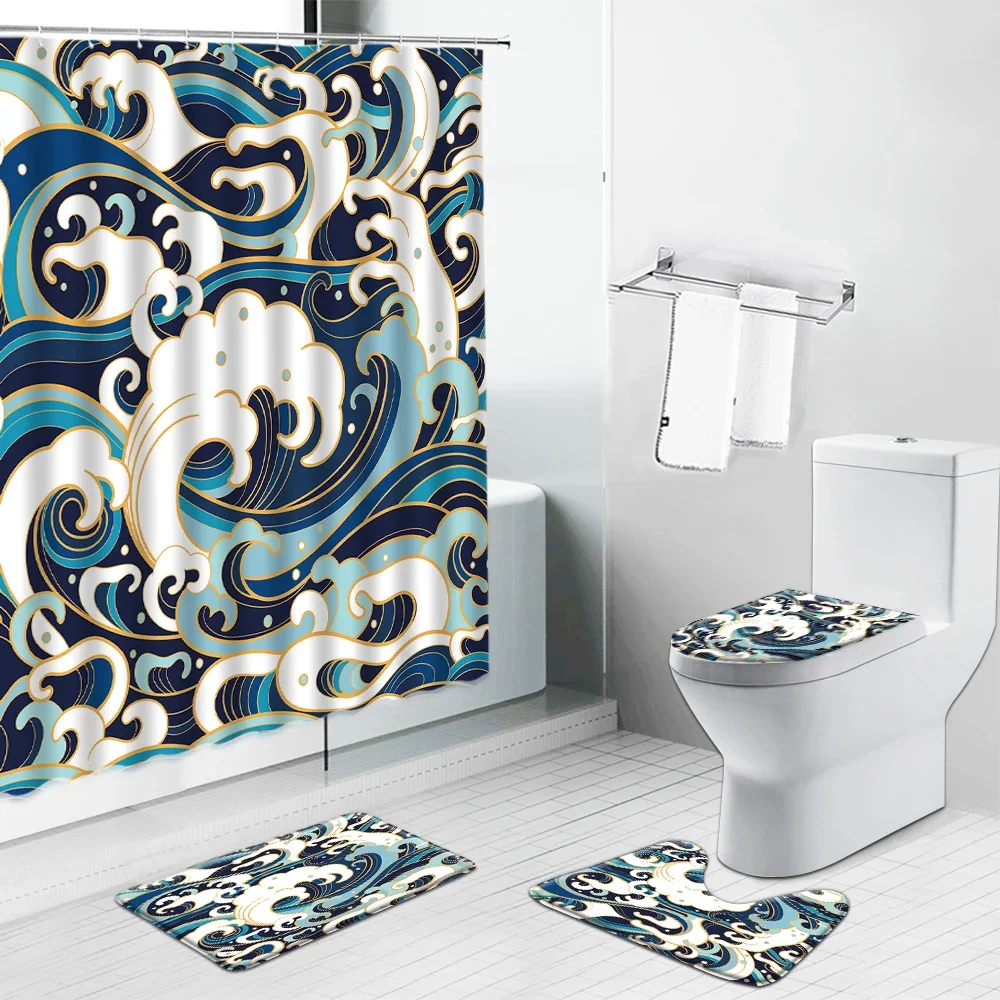 Mount Fuji Sea Wave Cartoons Landscape Shower Curtains Modern Bathroom Decor Set Flannel Non-Slip Bath Mat Toilet Cover Carpet