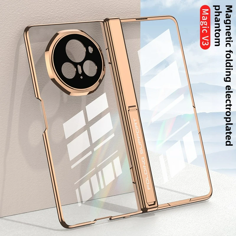 Luxury Transparent Electroplated Magnetic Folding Hinge Side Bracket Case for Honor Magic V3 with Tempered Film Shockproof Cover