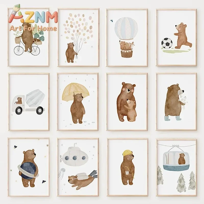 2026 Cute Bear Modern Cartoon Children's Poster Animal Personification Canvas Painting Wall Art for Nursery Kids Room Home Decor