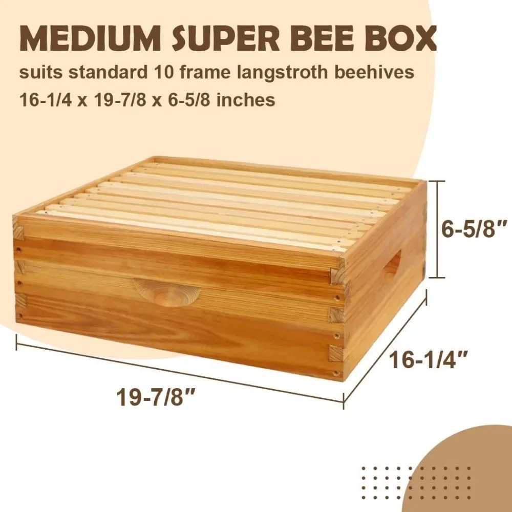 Bee Hive Box, Langstroth Medium Super Bee Box Dipped in 100% Beeswax Include Beehive Frames and Waxed Foundation