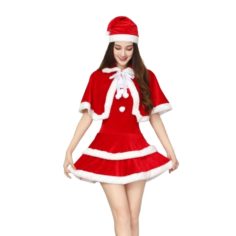 Women's Santa Clauses Sweeties Costume Adult Christmas Costume Lace Up Shawl Cape Red Corsets Dress and Santa Hat Set