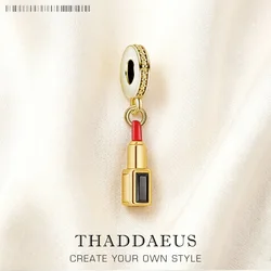 Red Lipstick Golden Pendant Solid 925 Sterling Silver Dangle Charm Women Fine Jewelry