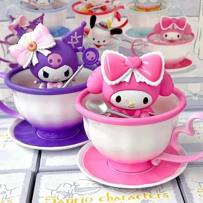 Anime Sanrio Tea Cup Elf Series Figure Kuromi My Melody Pochacco Cinnamoroll Hello Kitty Hangyodon Doll Model Figurine Toy Gift