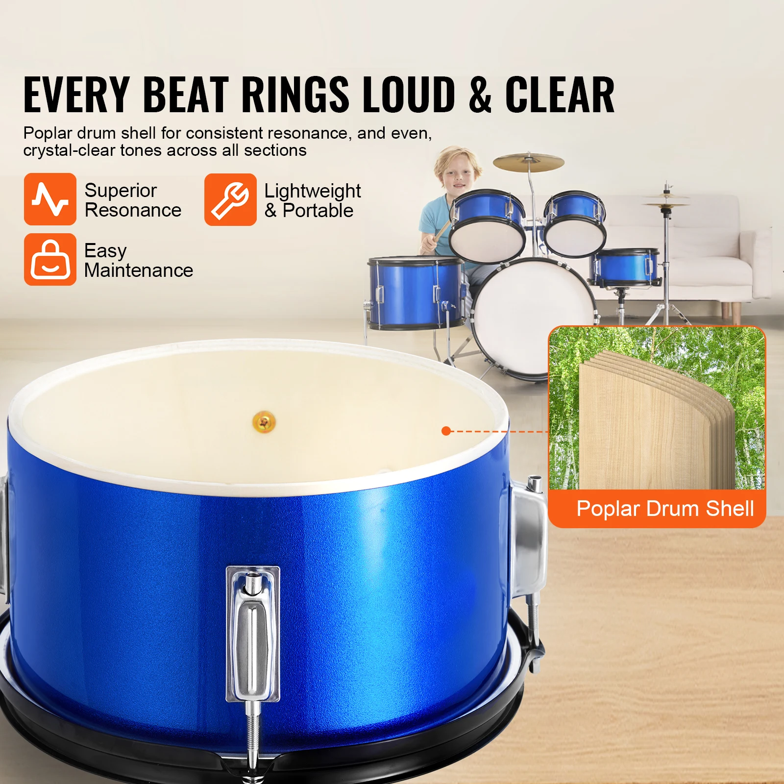 SucceBuy Kids Drum Set 5-Piece 16 in Beginner Full Drum Set with Bass Toms Snare Floor Drum Starter Drum Kit for Kids Blue/Black
