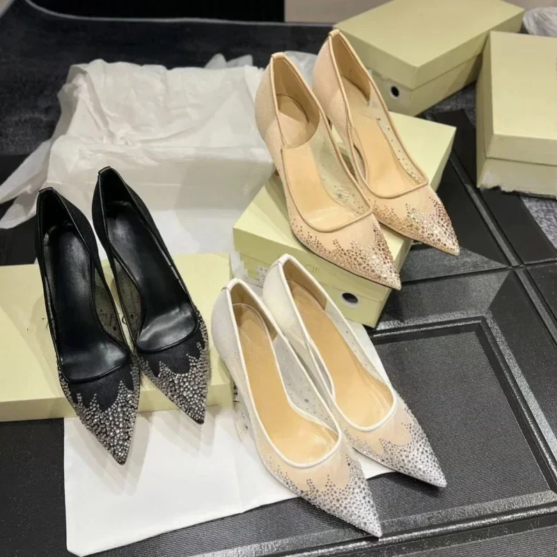 

2025 New Mesh Diamond High Heel Fashion Banquet Pointed Shallow Mouth Crystal Women's Flat Sole Single Shoes