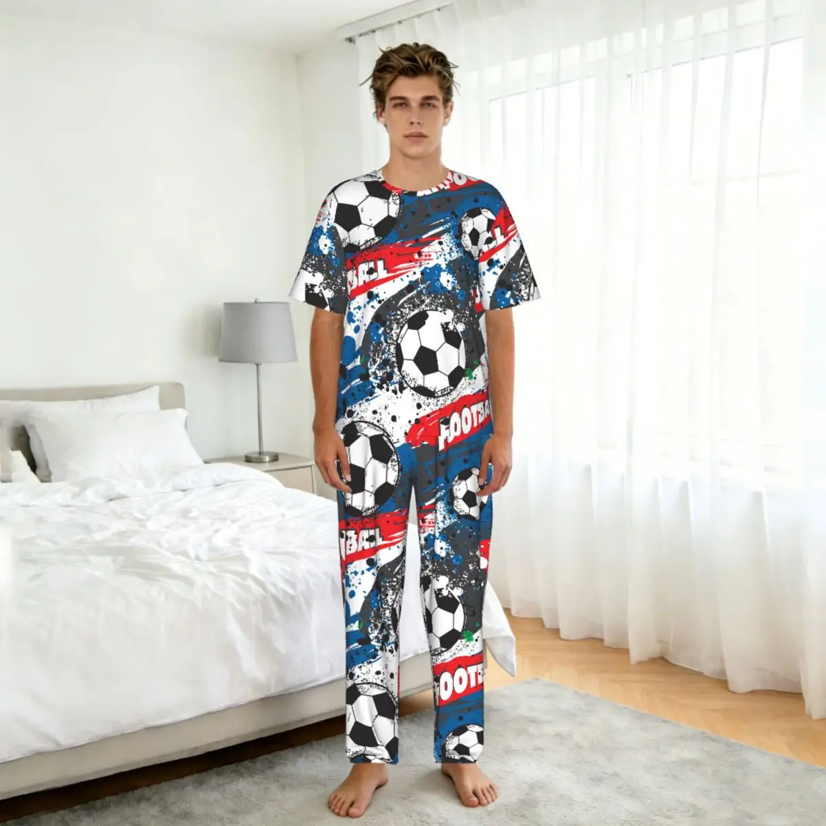 Men's short-sleeved pajamas two-piece trousers France Football Championship With Ball And France Flag home wear suit sleepwear view 5