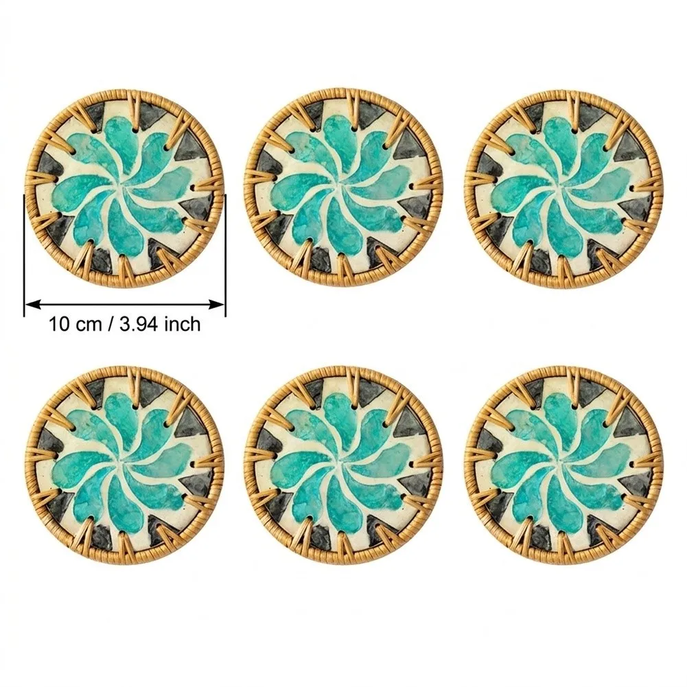 6 Pcs Handmade Round Woven Shell Coasters 10CM Heat Resistant Drink Mats for Tabletop Rattan and Shell Material