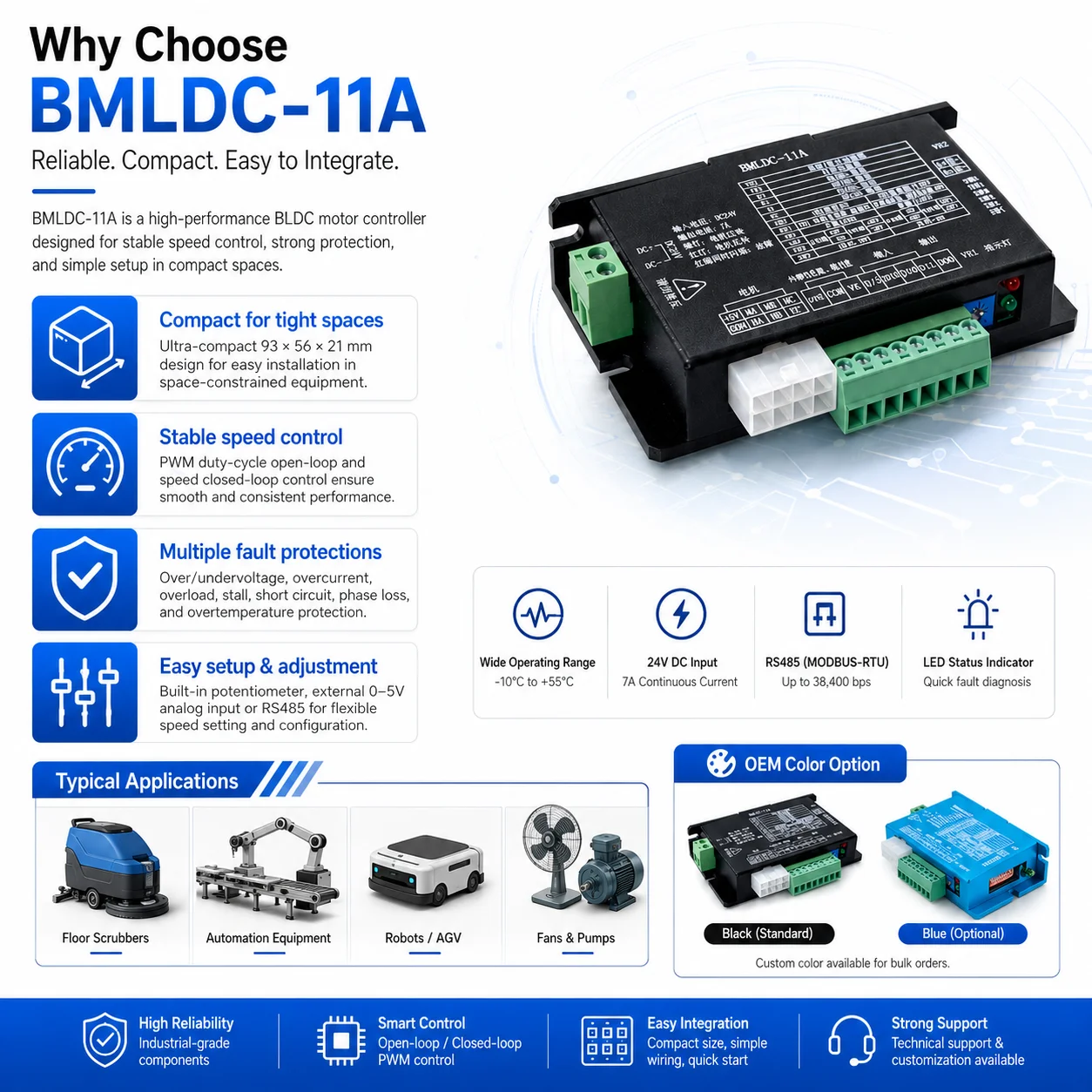 Low Voltage BLDC Motor Driver DC 24-48V 7A 168-336W IP54 Protection CAN Communication LED Display Hall Sensor Option Model
