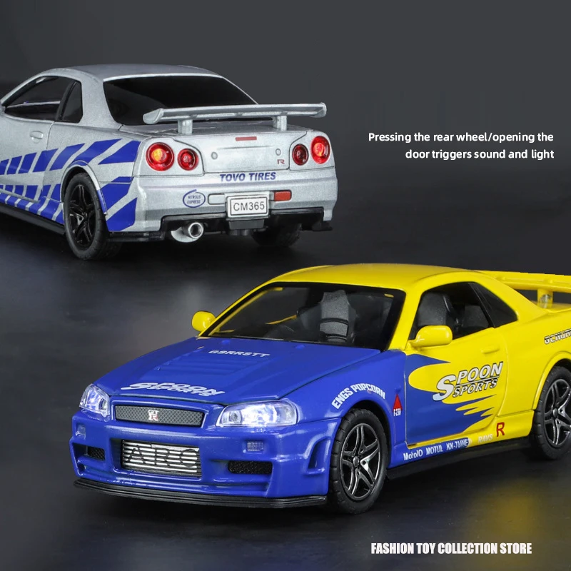 1: 32 Nissan GTR R34 Alloy Car Model Diecasts Toy With Sound and Light Vehicles Decoration Toys For Kids Gift