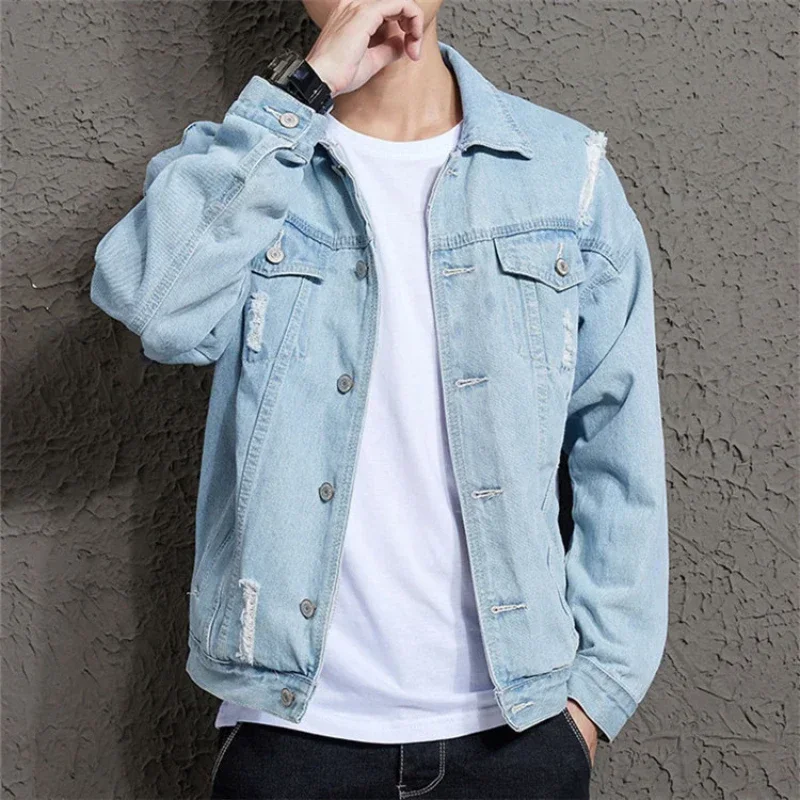

Spring and Autumn New Men's Casual Loose Work Coat Trendy Hole Denim Jacket Mens Casual Light Cargo Coats Smart Couple Jackets