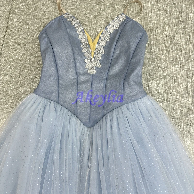 Akeylia Grayish blue Romantic Ballet Dress Women Fairy Professional soft tulle Long Serrated shape competition Old Blue JNBL230