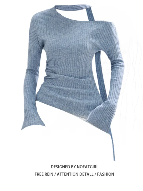 

plus Size Blue Knitted Sweater with Sa Women's Faion Slim Fit oulder Bared Autumn Top Korean Sle Commute Wind