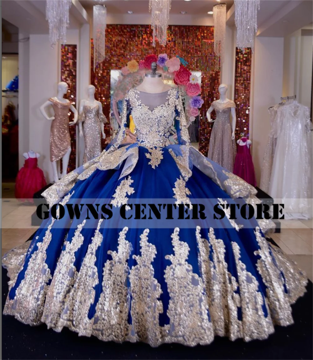 Royal Blue Long Sleeve Quinceanera Dresses Ball Gown Sequin Applique Birthday Party Dress Button Lace Up vestidos de quinceañera