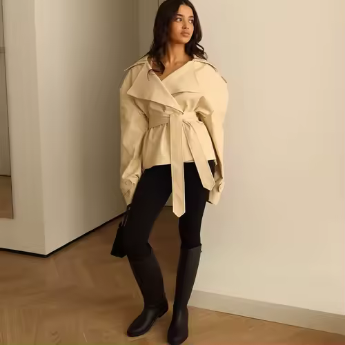 F New Fashion Lace up Cropped Trench Coat Women Lapel Long Sleeves Wide Shoulder Windbreaker Jacket Fall Commuting Daily Jackets - Image 4