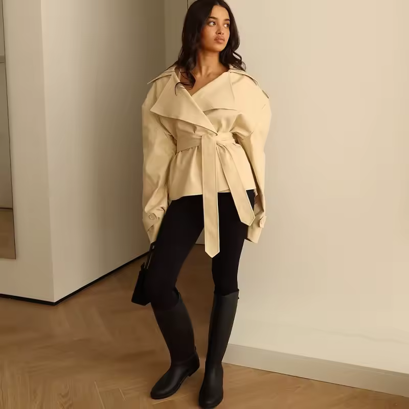 F New Fashion Lace up Cropped Trench Coat Women Lapel Long Sleeves Wide Shoulder Windbreaker Jacket Fall Commuting Daily Jackets - Image 4