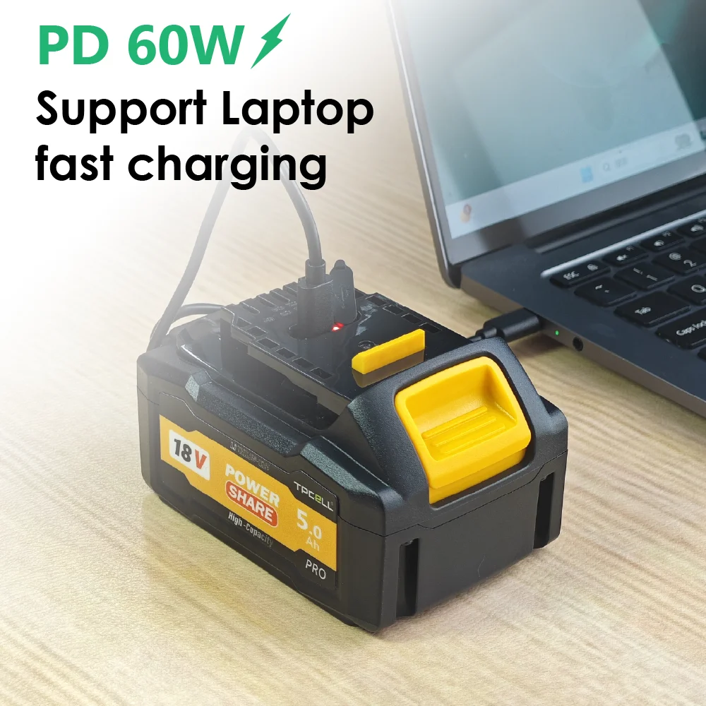 TPCELL For DeWalt DCB205 5Ah/6.0Ah with PD60W Output/Input Replacement Battery Compatible With For Dewalt 18V/20V Tools Battery