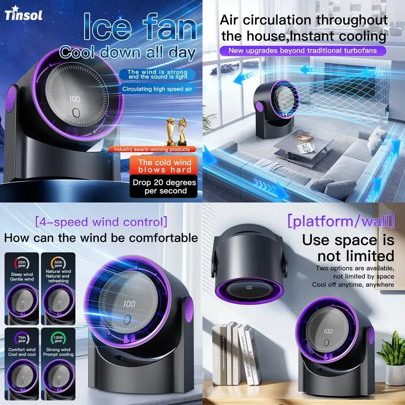 

TINSOL New Desktop Electric Fan Air Circulator, Wireless Portable Home Silent Suitable for Desktop Wall and