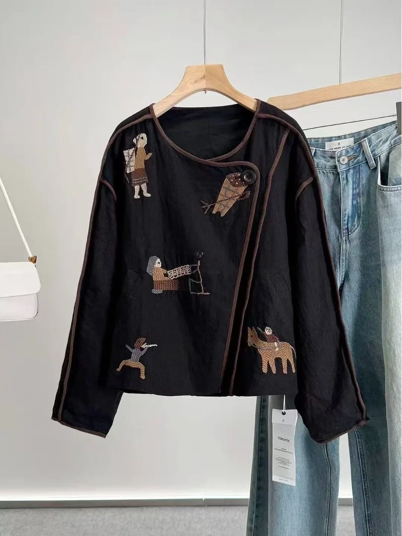 الرجعية المطرزة الكتان ort Jaet المرأة فضفاضة التخسيس تصميم زر واحد القطن الكتان أعلى الخريف جديد Sle تخفيف Sle #1