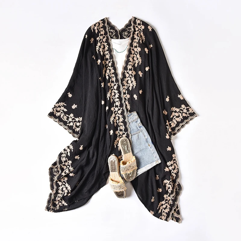 Summer Crochet Beach Dress Chiffon Beachwear with Bat Sleeves Loose Cardigan Style Women's Outing Swimsuit Fur Ball Outfits