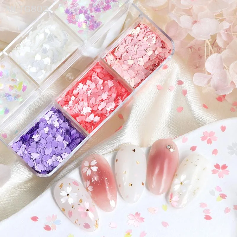 6 Rejillas de Pegatinas Brillantes de Flor de Cerezo, Lentejuelas para Uñas, Pétalos de Flores Brillantes, Copos de Primavera, Decoración Colorida para Manualidades DIY