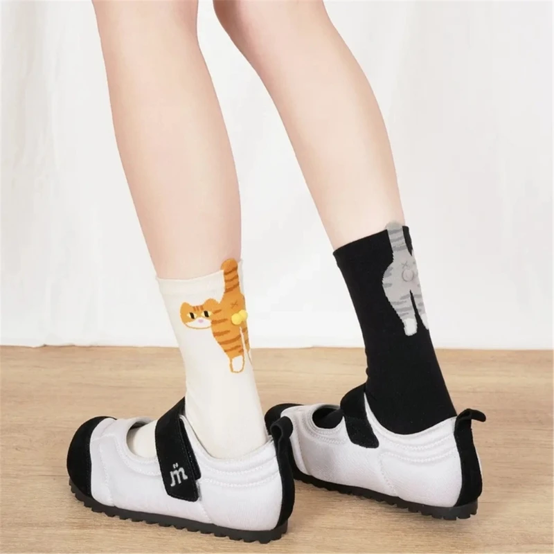 

Womens Breathable Combed Cotton Casual Crew Socks With Cute Cats Print and 3D Fuzzy Balls Funny Animal Middle Calf Socks