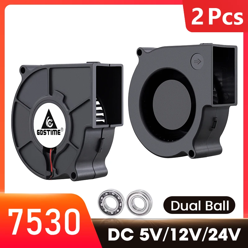 Lote de 2 piezas de ventilador centrífugo de refrigeración, 5V, 12V, 24V, USB, 2 pines, 75mm, 75x30mm, 7530 de flujo de aire, 7cm, 70mm, disipador