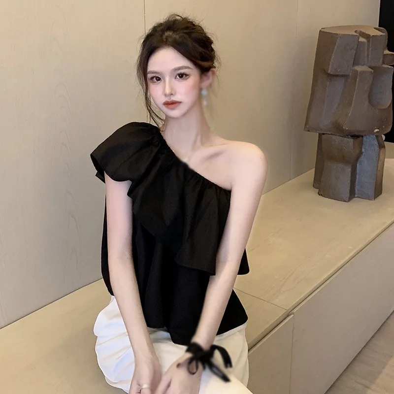 Women's One Shoulder Blouse Sleeveless Top Tee Pullover T-Shirt  Ruffled Layered Cropped T-Shirt Solid Color