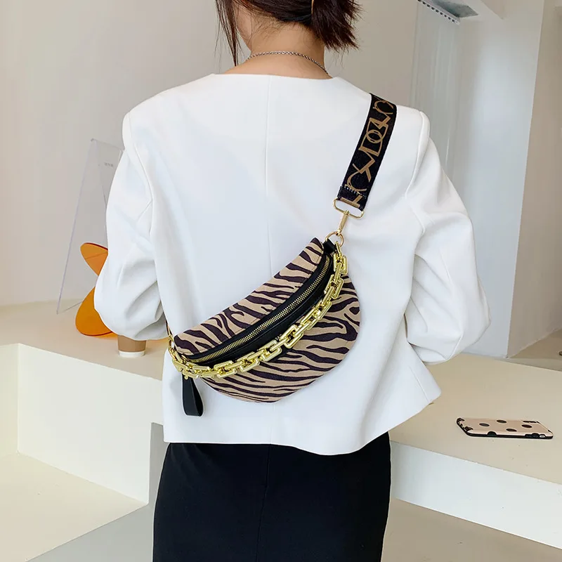 Designer Zebra Print Women Waist Bag Fashion Chain Handbags Female Shoulder Crossbody Chest Bag Suede Fanny Pack Banana Belt Bag