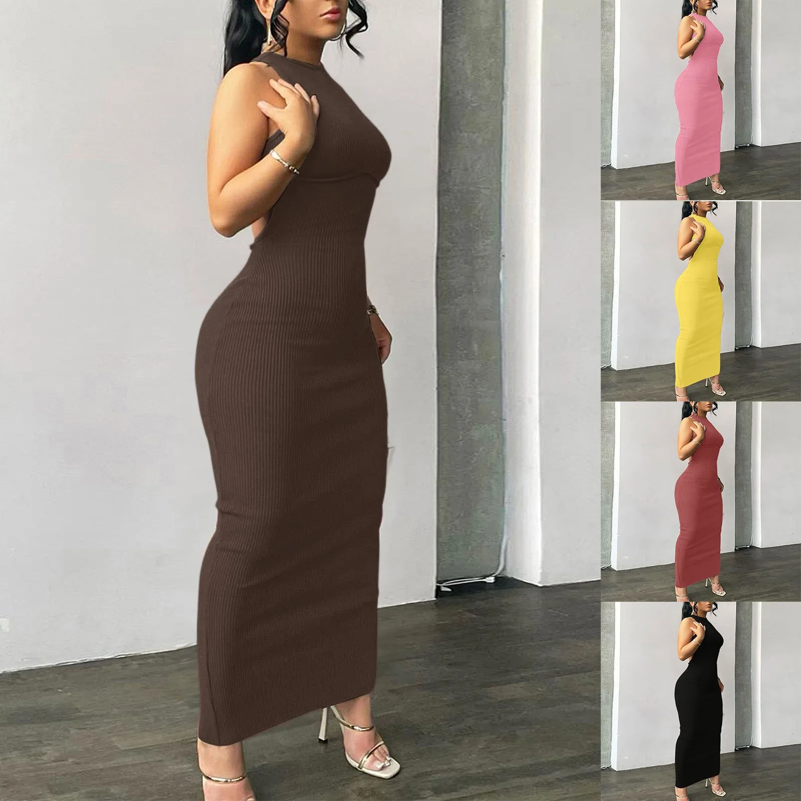 レディースセクシーボディコンタンクトップベーシックノースリーブロングマキシ丈ワンピースパーティクラブビーチサンドレスセクシーバックレススリムフィットドレス