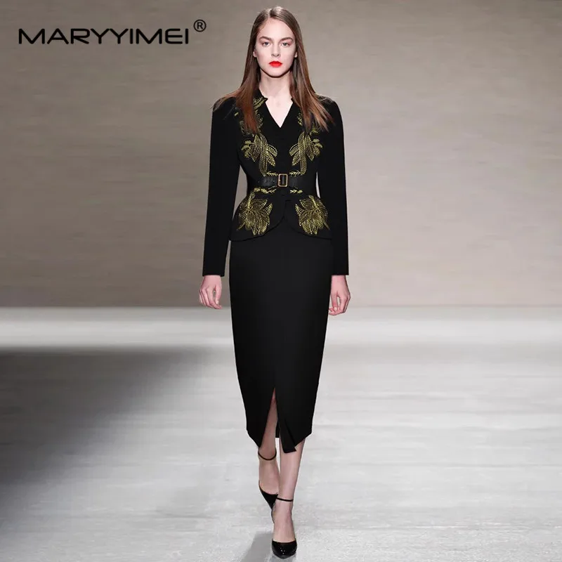 MARYYIMEI Autumn and Winter Women\'s Commuter SuitV-Neck Bright silk Tops+Slim-Fit Hip Wrap Split Skirt 2 piece set With Belt