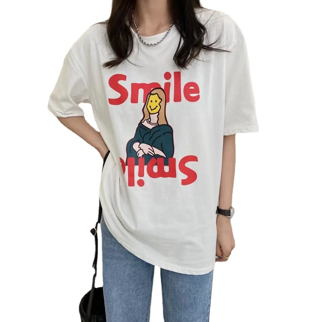 

Women's Fashion Smiley Face Print Cotton Shirt Loose Fit Casual Summer T-Shirt Trendy Short Sleeve Fashion Top