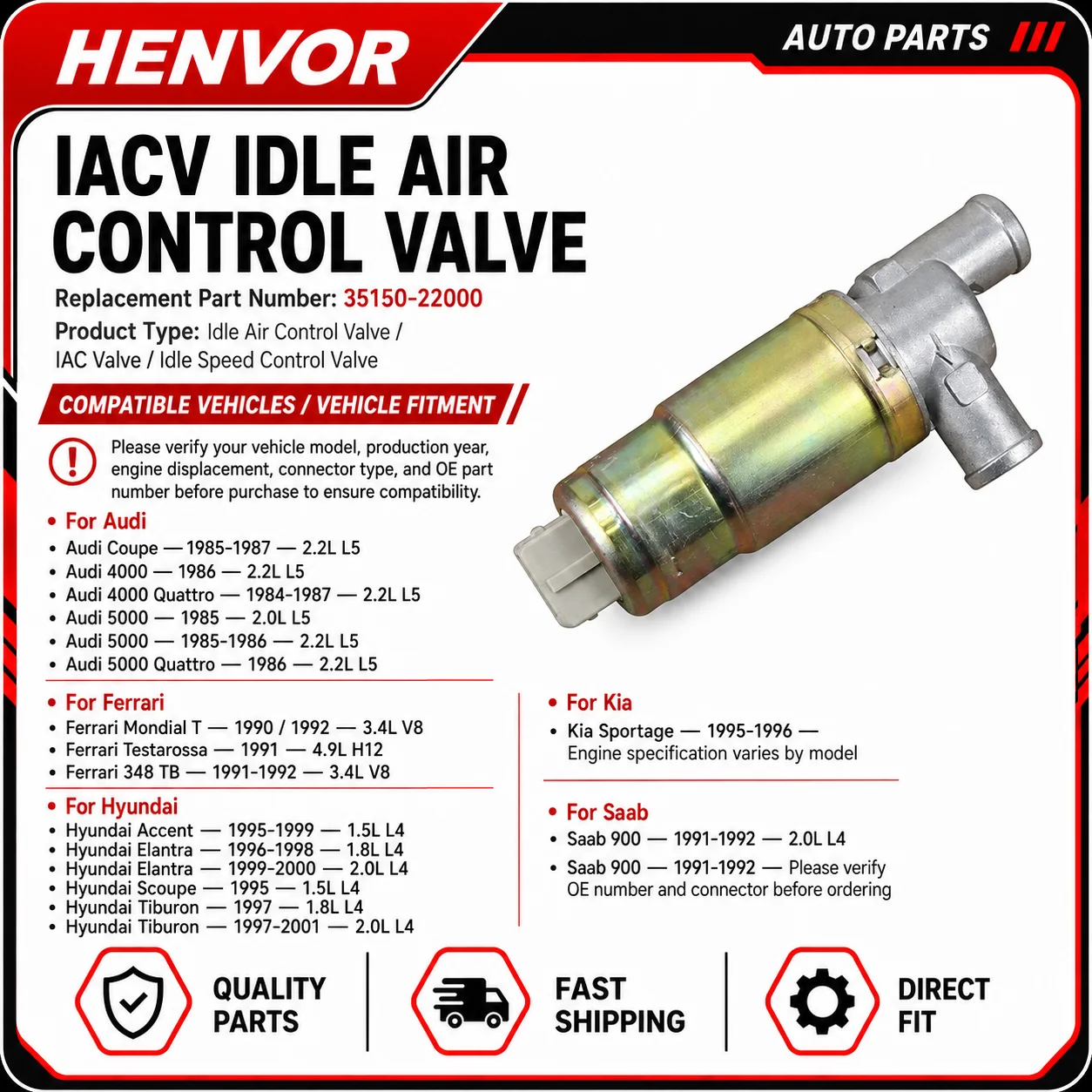 35150-22000 Idle Air Control Valve IAC Valve for Hyundai Accent Elantra Tiburon Kia Sportage Audi Saab Ferrari