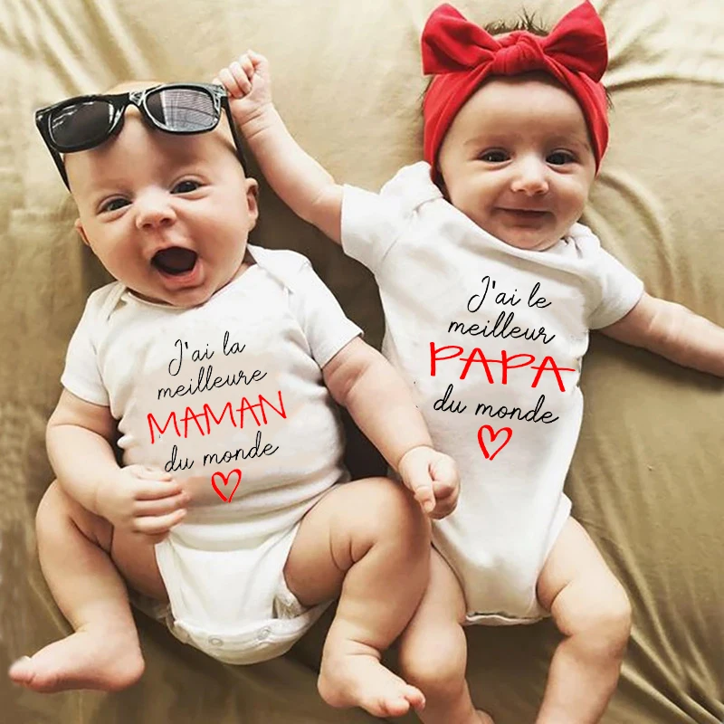 Matching Twin Infant Onesie Cotton Baby Bodysuit French Quote Meilleure Maman Meilleur Papa Cadeau De Naissance Parents Gift
