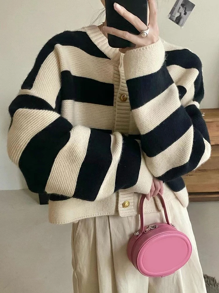 Korean Fashion Sweater Cardigan Women Knitted Striped Sweater Autumn Winter Long Sleeve Loose Short Cardigans Female Casual Tops