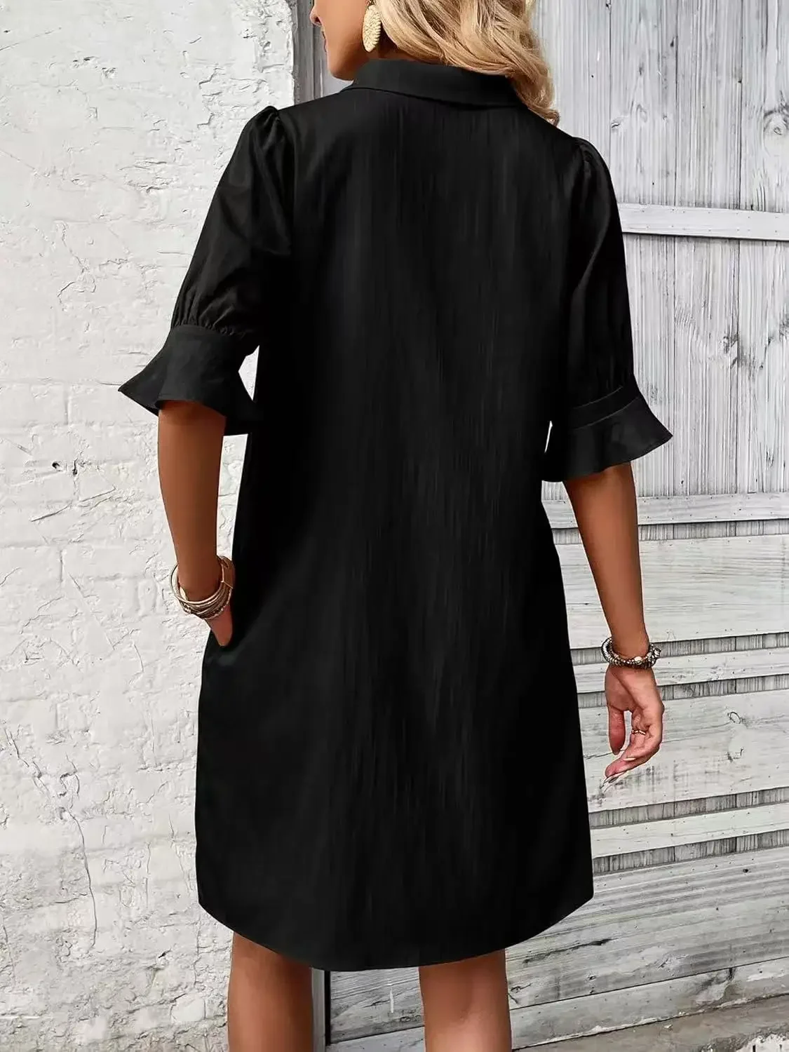 2025 Women Casual Shirt Dress Ruffle Sleeve Solid Color Button Down Shift Summer Dress With Pocket Spring Outfits Clothing Black